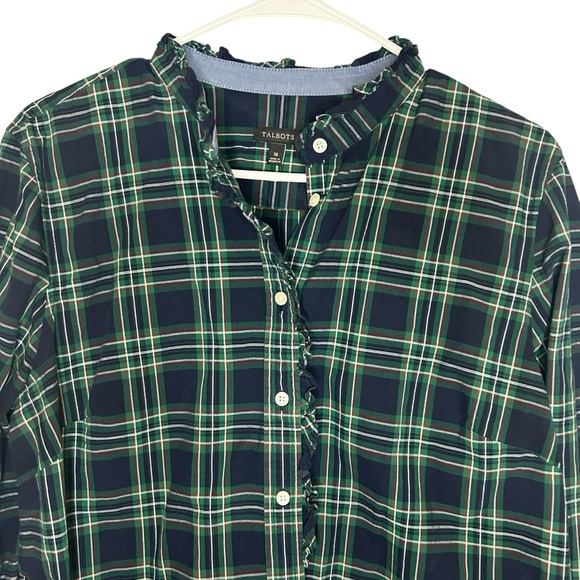 Talbots Green Navy Plaid Ruffle Button Down Shirt Size 16 - Picture 5 of 12